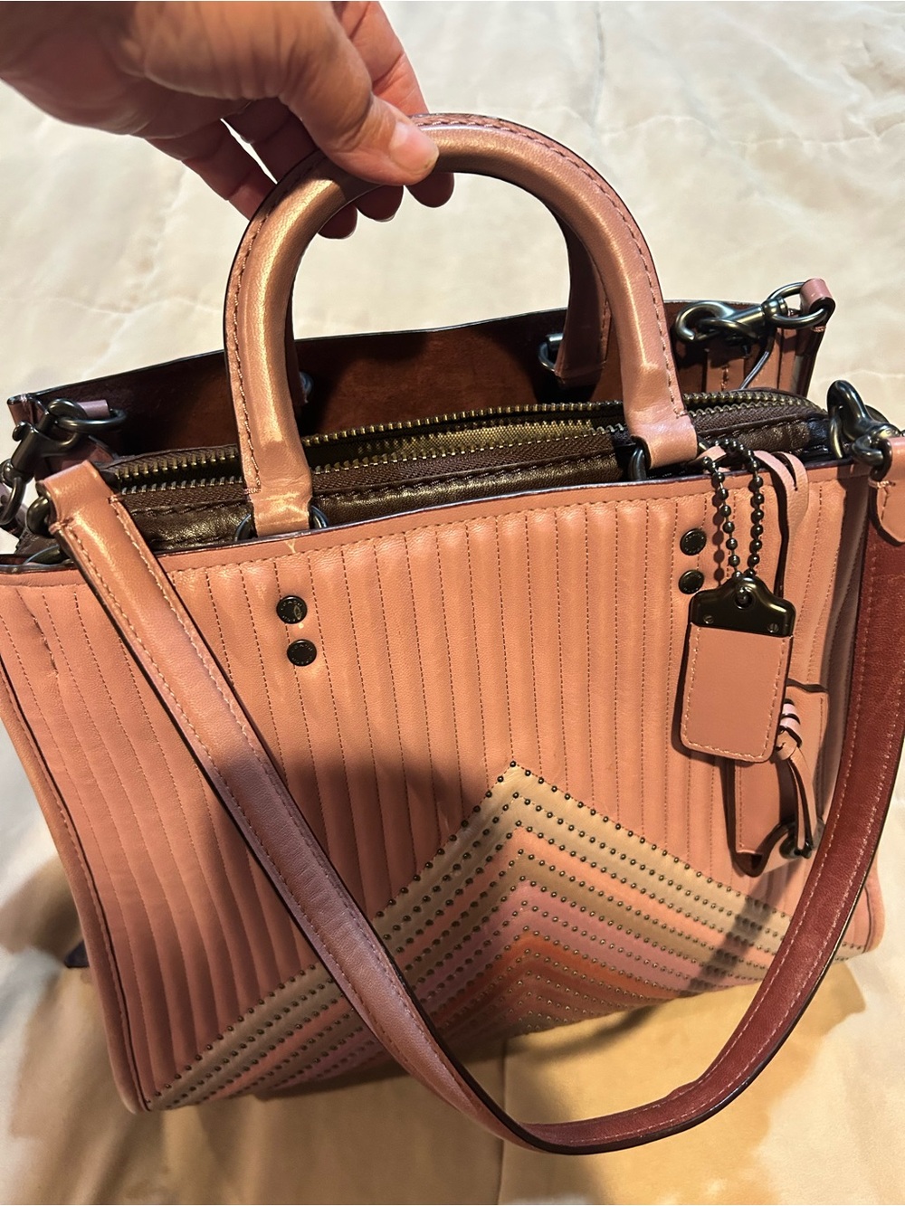 Coach Rogue Dusty Rose Quilted Leather Satchel with Stud Detail
